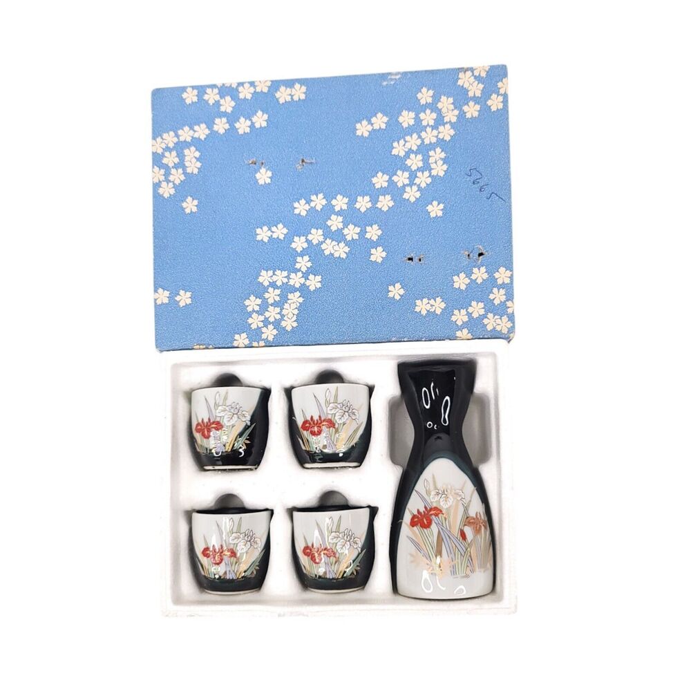 Kutani Sake Set Vintage Japanese Handpainted Decanter Cups Ceramic Iris 5 Piece